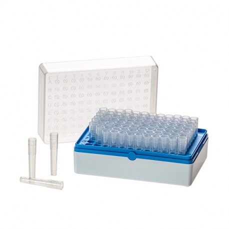 Rack & Box with 96 plain individual Tubes, Sterile, Blue