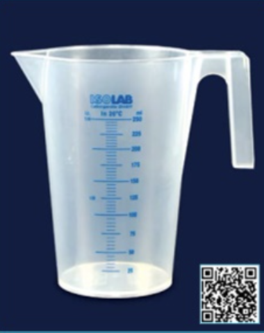 Beaker de plástico P.P, de 1000ml con escala azul y mango